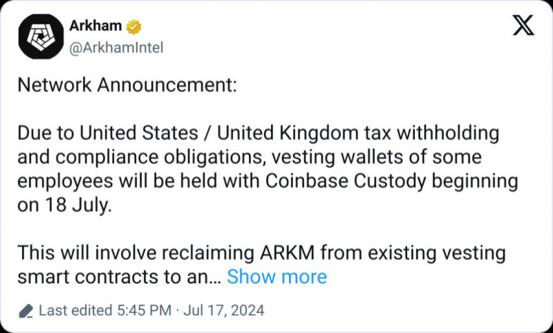 
			Arkham передает ARKM на $487 млн в Coinbase Prime для соблюдения налогового законодательства		